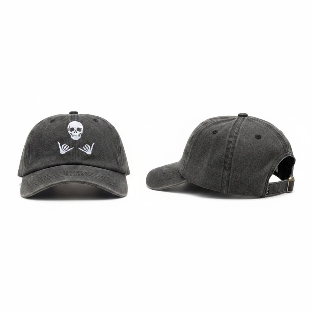 Washed charcoal grey dad cap with skull shaka graphic embroidery ghost mannequin front and rear-side view