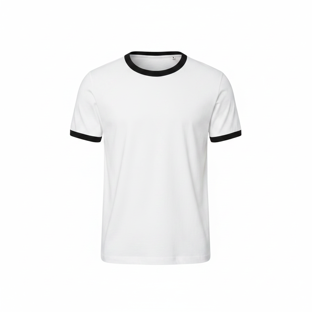 Men's white ringer crew-neck t-shirt with black contrast trim on neckline and cuffs, ghost mannequin front view