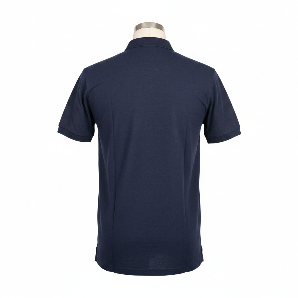 Ghost mannequin back view of navy blue chest stripe polo shirt