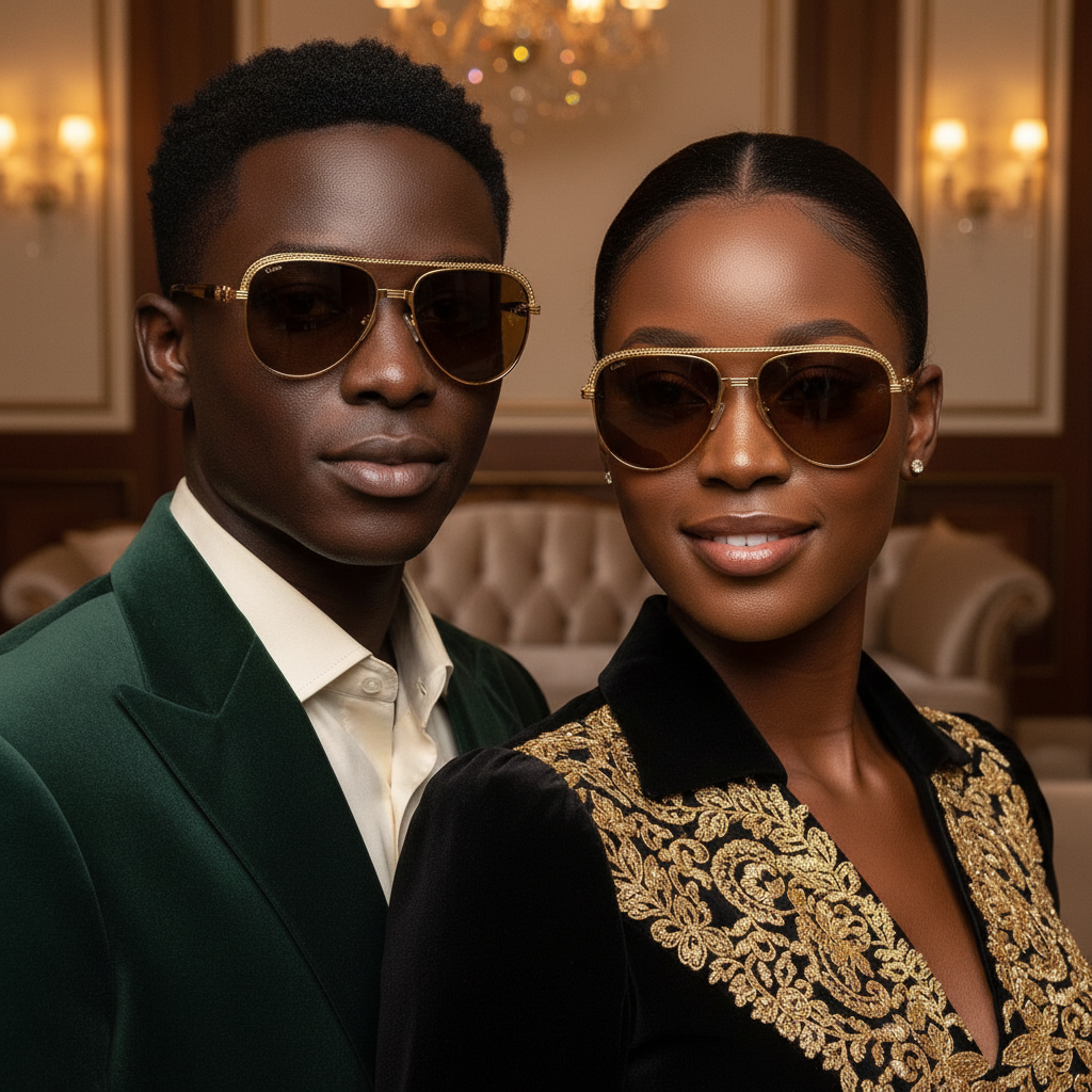 Ornate Brow Bar Aviator Sunglasses Gold Amber – Unisex Model Shot Together