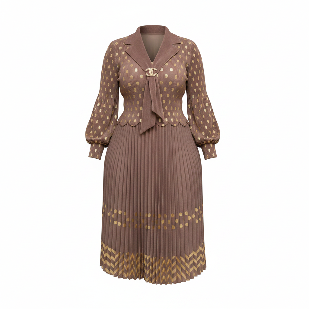 Ghost mannequin view of mocha brown and gold polka dot peplum top and pleated midi skirt set