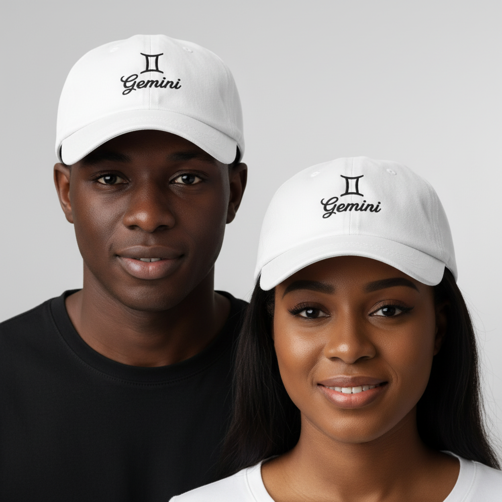 Nigerian male and female models wearing white Gemini zodiac embroidered dad cap