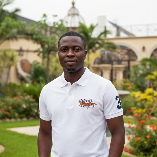 Nigerian male model wearing white polo shirt with equestrian embroidery in garden setting