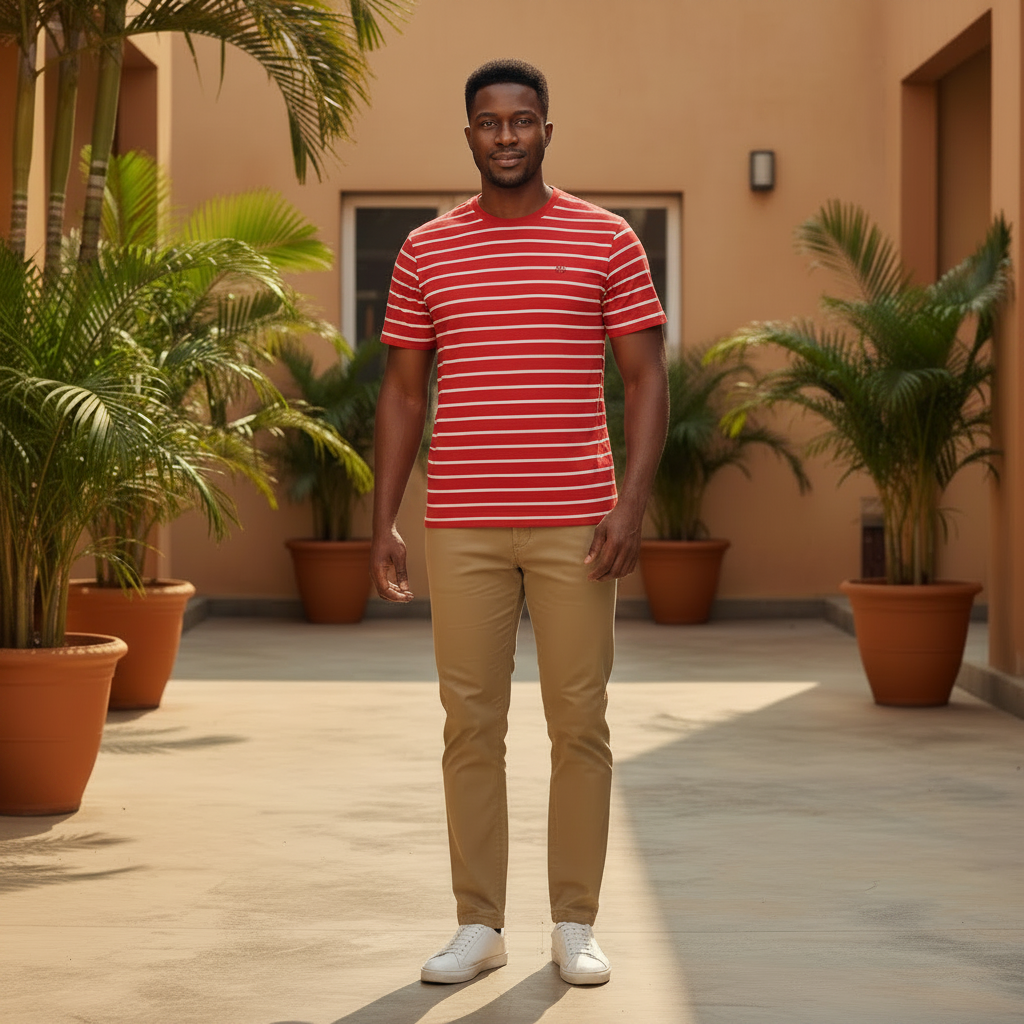 Nigerian male model wearing red horizontal stripe tee, front view