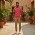 Nigerian male model wearing red horizontal stripe tee, front view