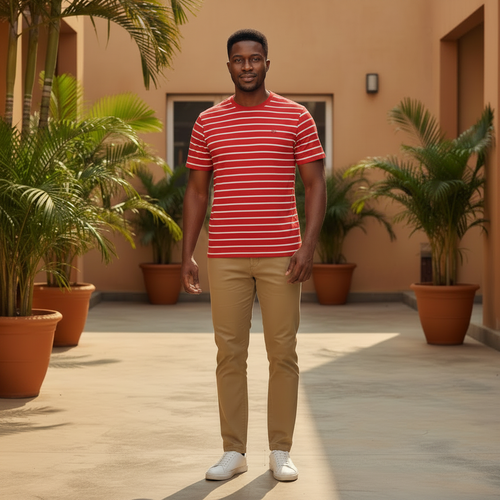 Nigerian male model wearing red horizontal stripe tee, front view