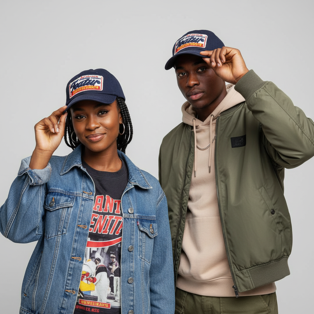 Nigerian Gen Z male and female models wearing navy blue vintage patch dad cap touching brim