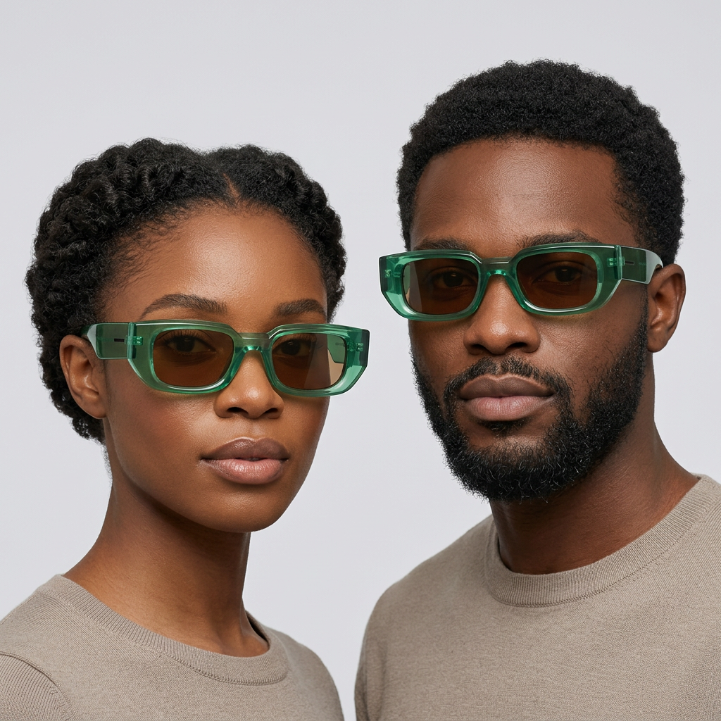 Green rectangular glasses shown on two Black adult models