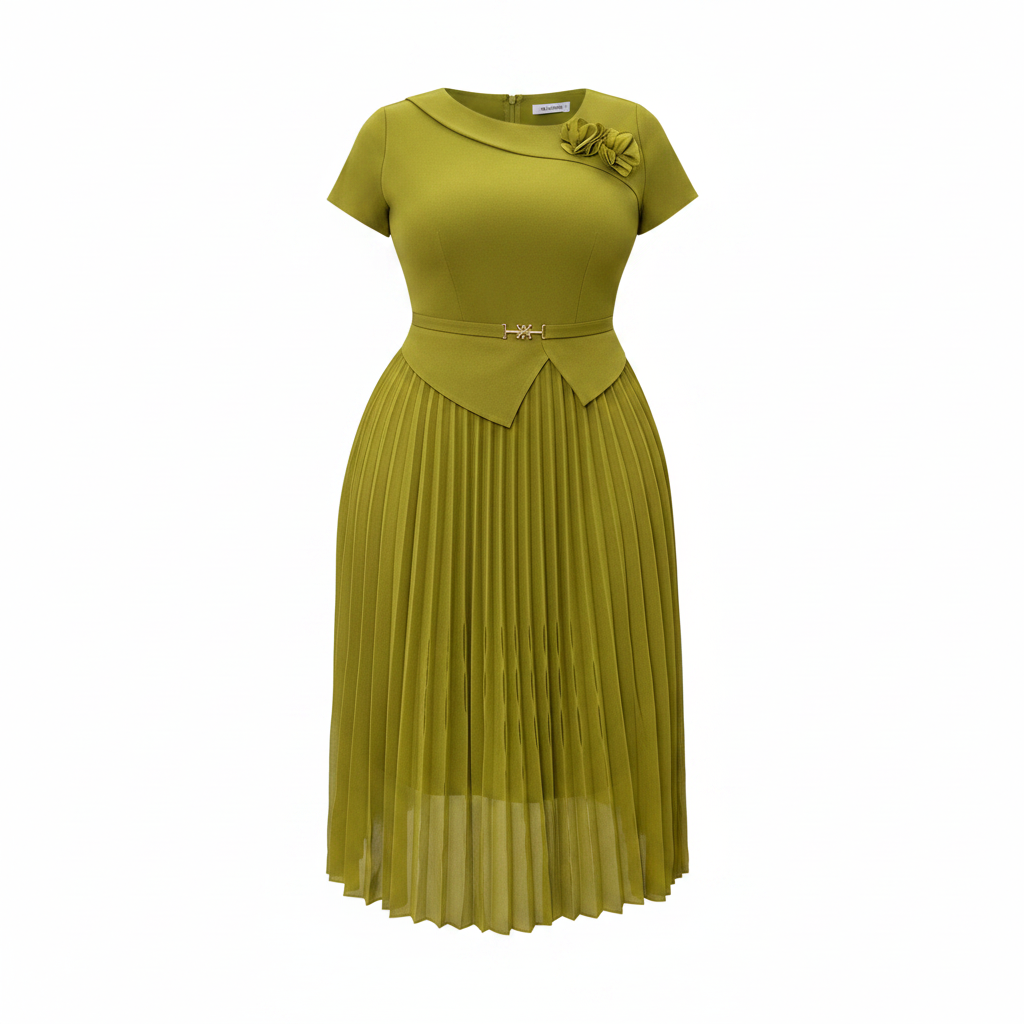 Women's Olive Green Floral Brooch Peplum Pleated Midi Gown - Ghost Mannequin Front
