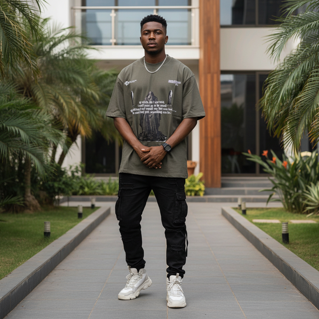 Nigerian male model wearing washed charcoal gothic statue editorial graphic tee – front view