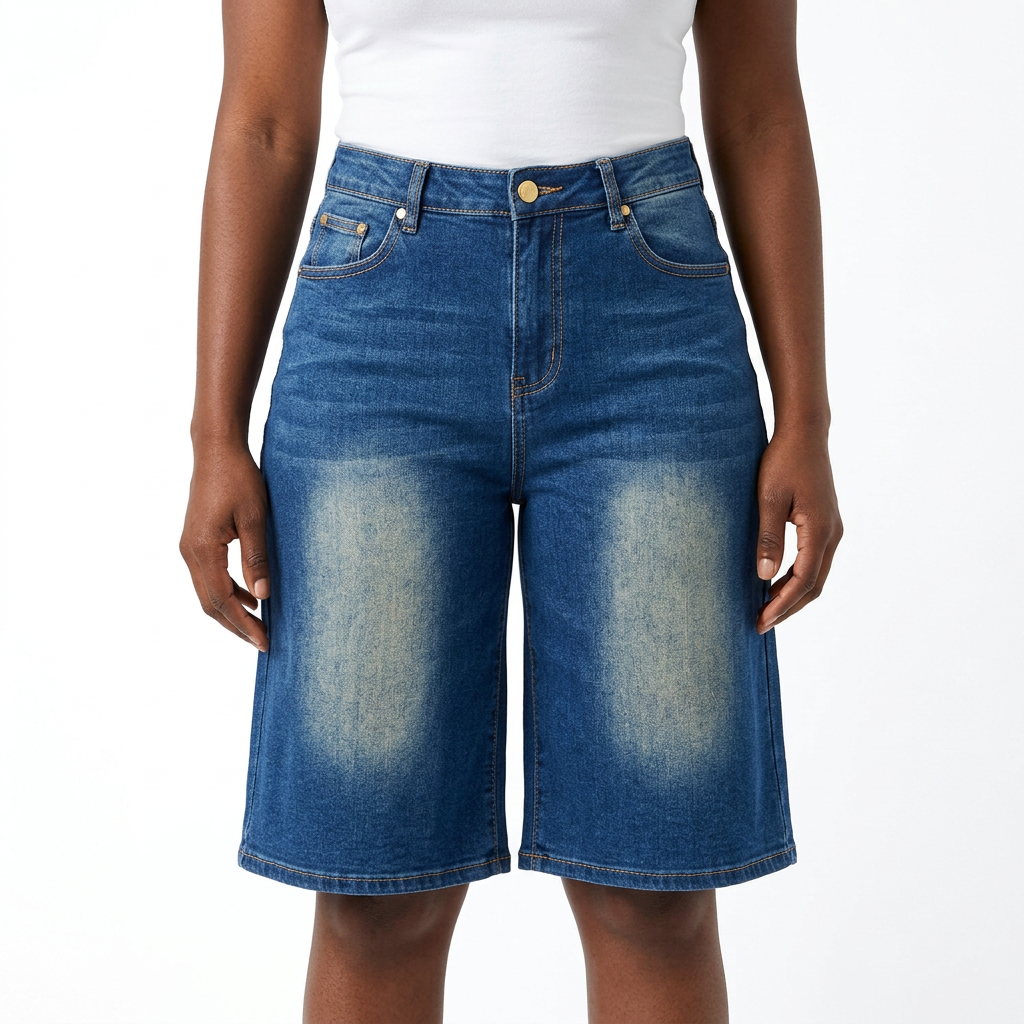 Women's blue faded Bermuda shorts styled with a white top