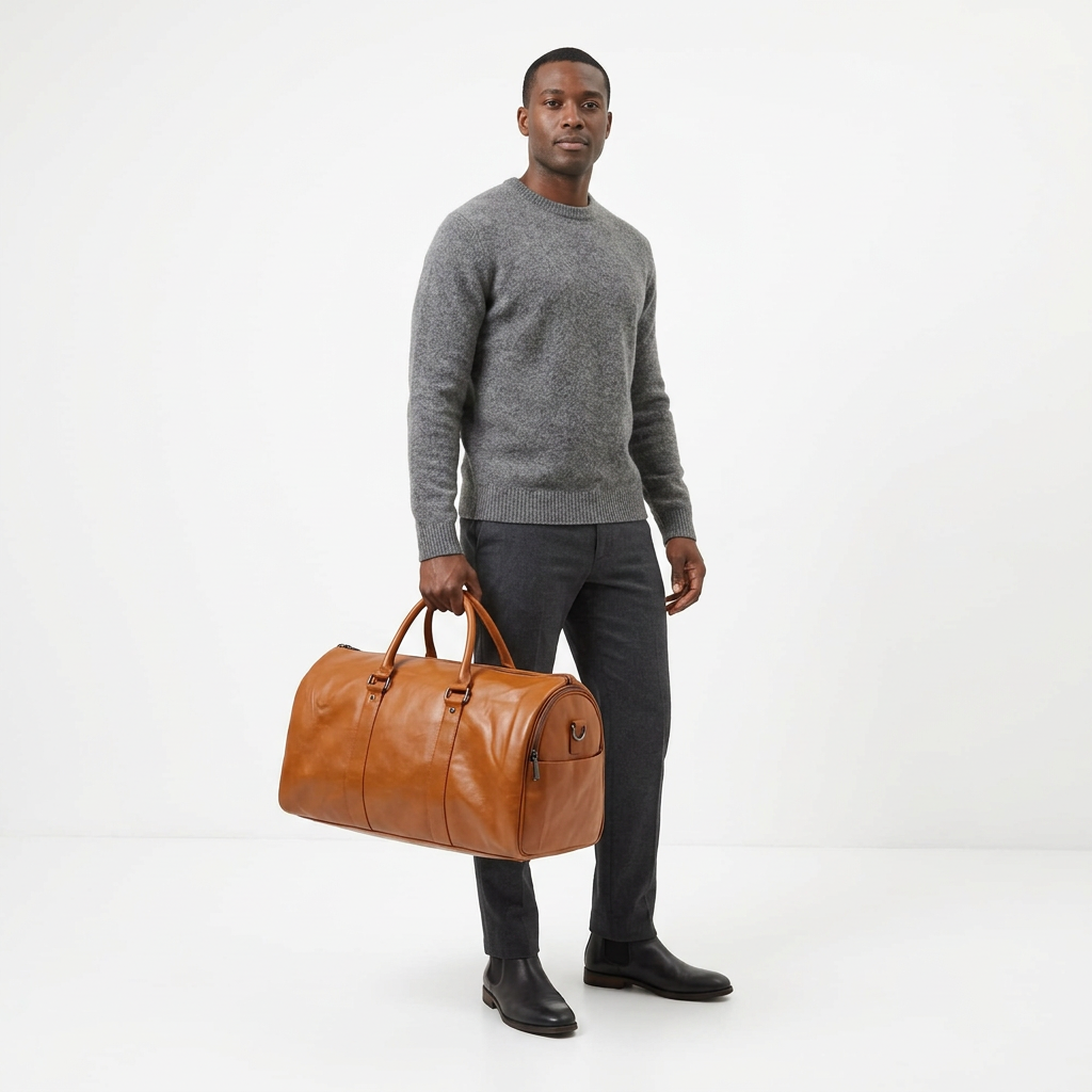 Adult man carrying a light-brown duffle bag