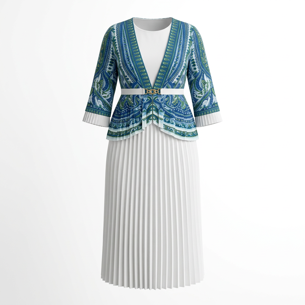 Blue patterned top and white pleated maxi skirt on an invisible mannequin