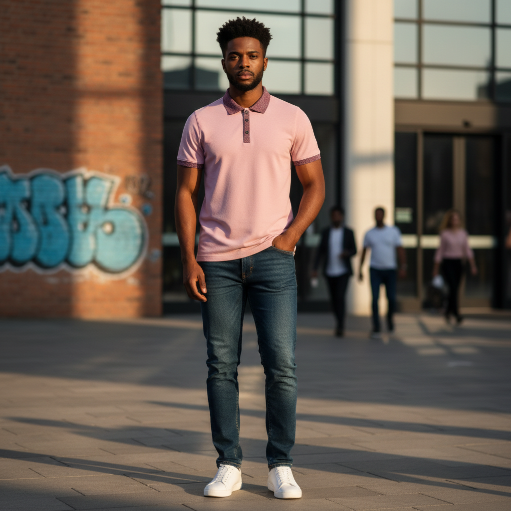 Young Nigerian male model wearing pink polo with burgundy contrast collar