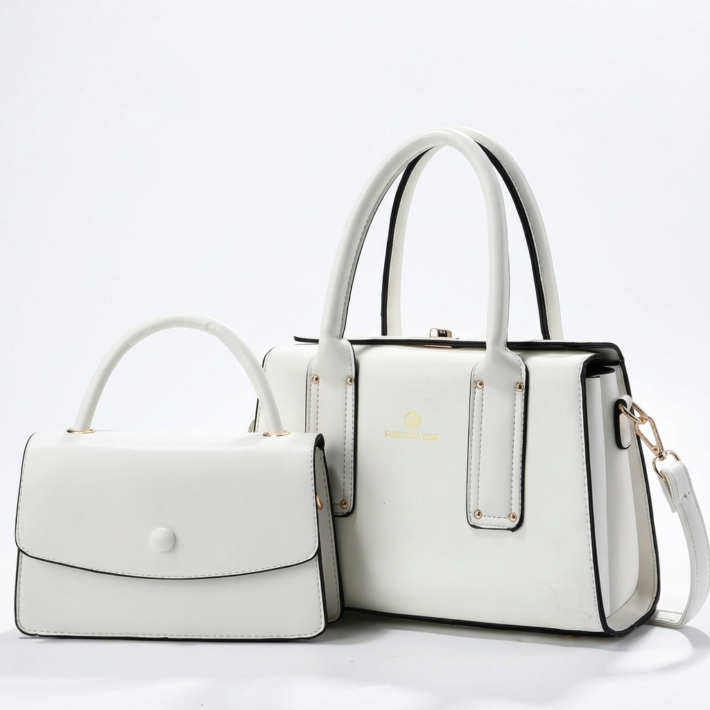 White contrast-edge tote and matching flap handbag on white background