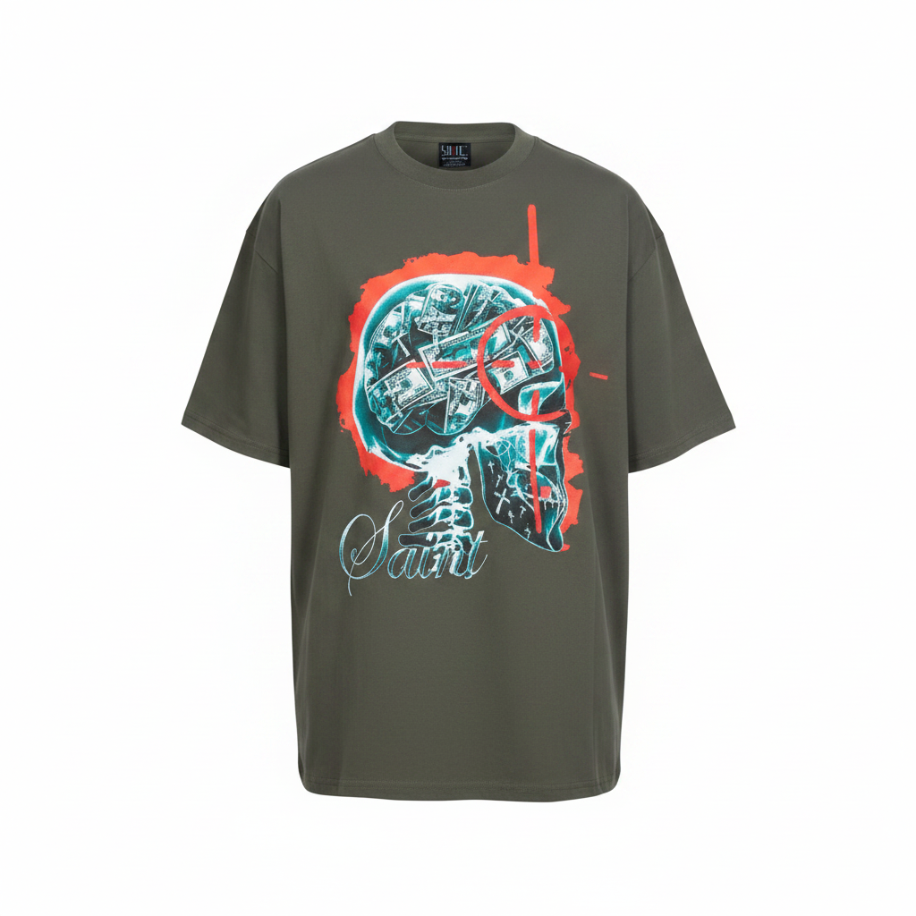 Unisex olive x-ray skull graphic oversized tee – ghost mannequin front view
