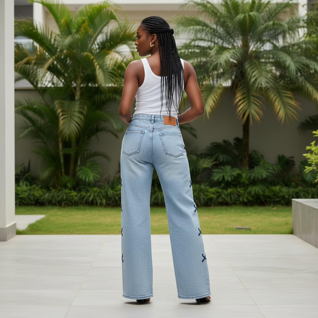 Navy Bow Embroidered Wide-Leg Jeans - Back Model