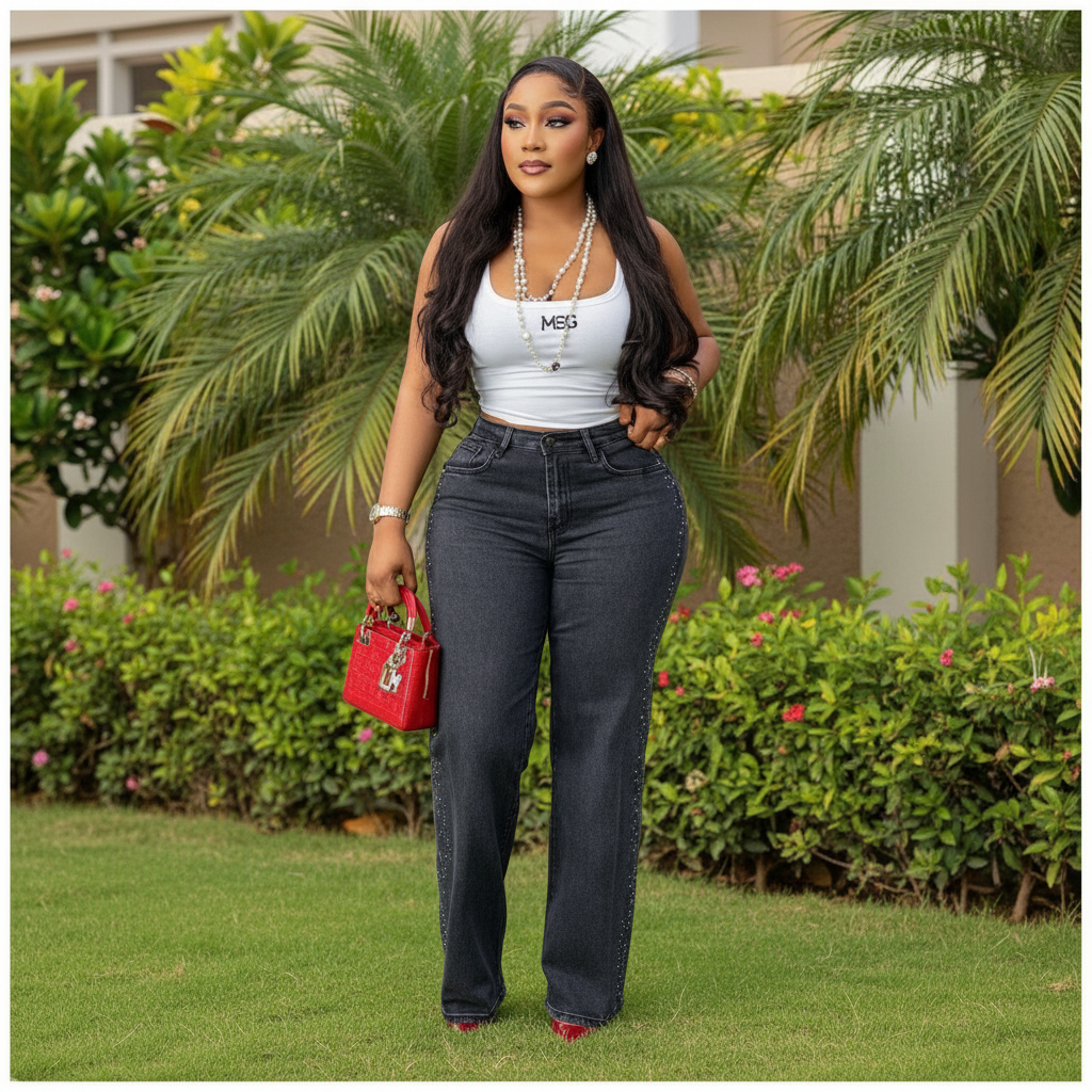 Nigerian female model wearing dark wash high-waist wide leg rhinestone jeans in garden setting