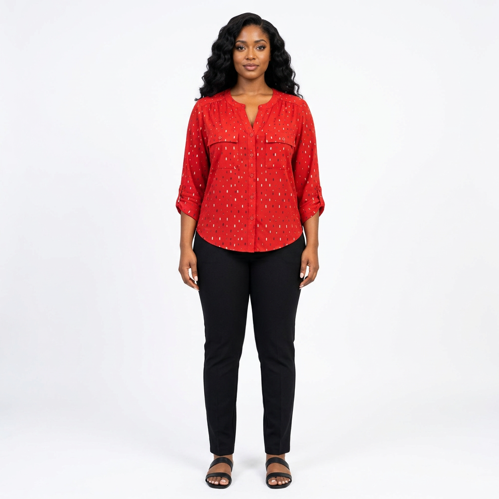 Full-body adult Black woman wearing a red dash-print blouse