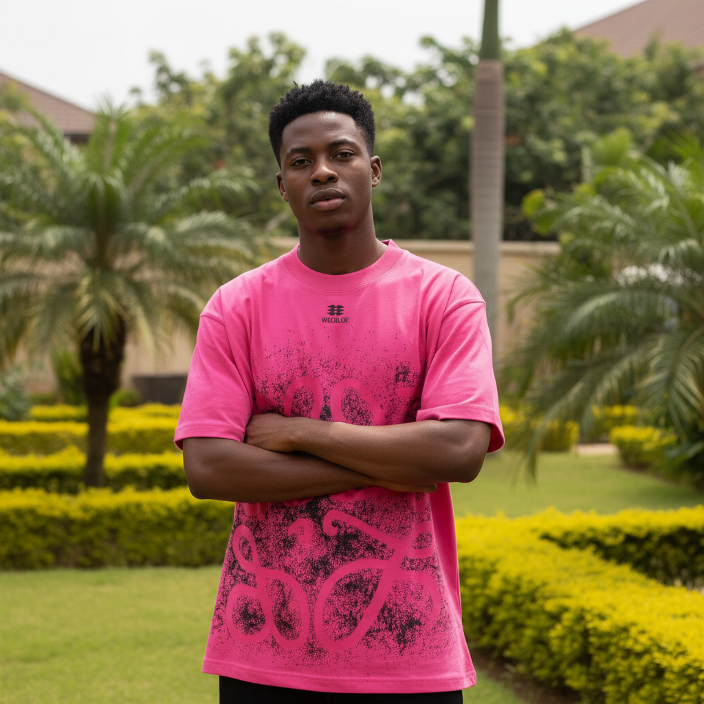 Nigerian male model wearing men's hot pink abstract face graphic print shirt