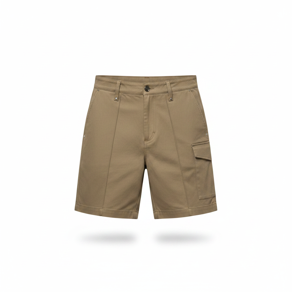 Unisex utility shorts in khaki – ghost mannequin view