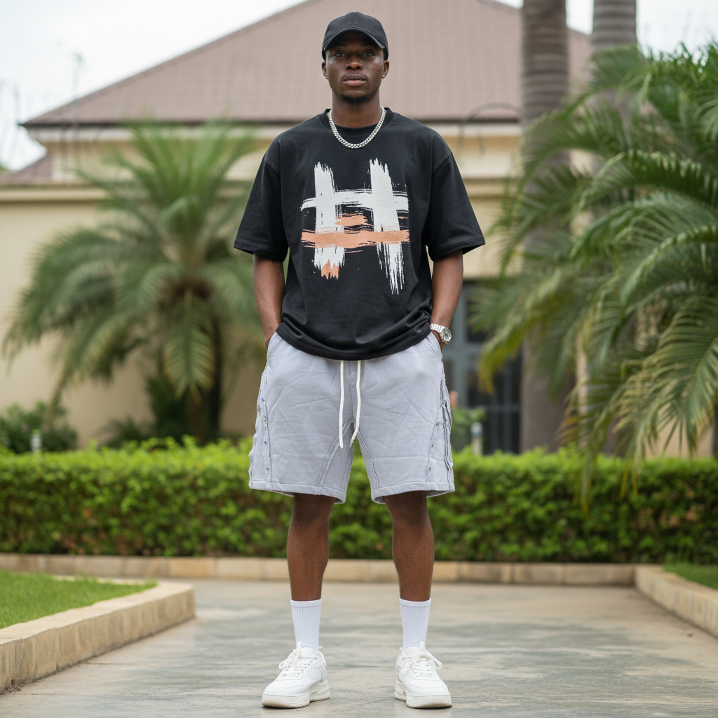Nigerian male model wearing light ash grey snap-detail distressed sweat shorts — full body streetwear shot