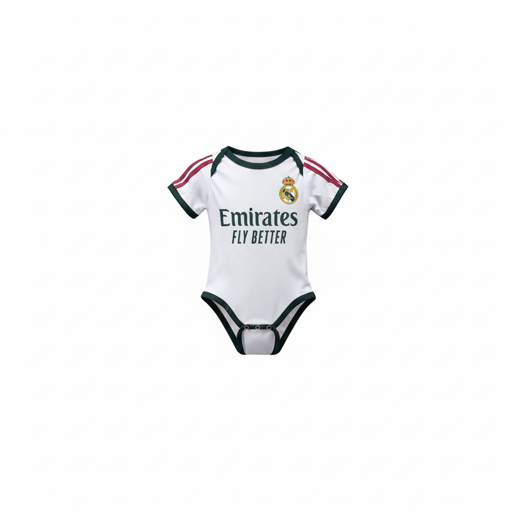Baby white & dark green football romper bodysuit with Emirates trim – ghost mannequin front view on white background