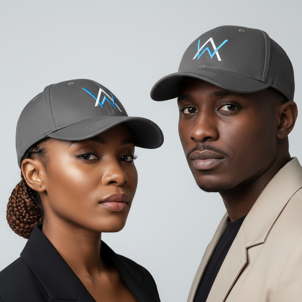 Nigerian male and female models wearing dark grey logo embroidered baseball cap