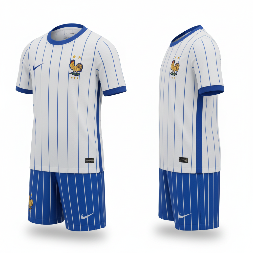 Kids white pinstripe football jersey and royal blue pinstripe shorts set ghost mannequin front and side view