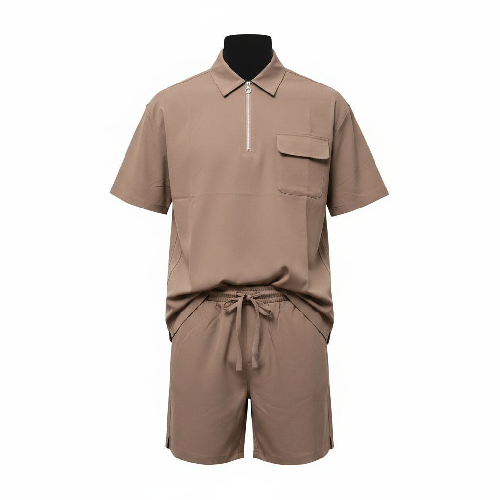 Men's warm taupe quarter-zip polo and drawstring shorts ghost mannequin view