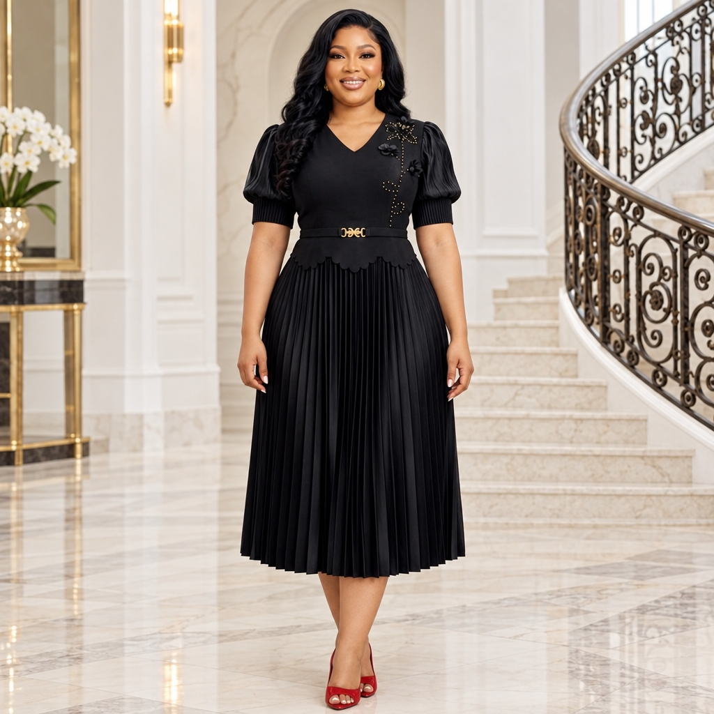 Black Nigerian woman wearing black embellished pleated occasion dress