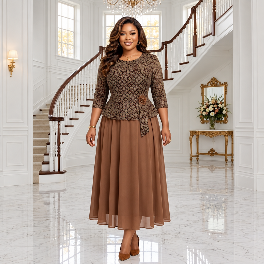 Black Nigerian woman wearing brown patterned peplum occasion dress
