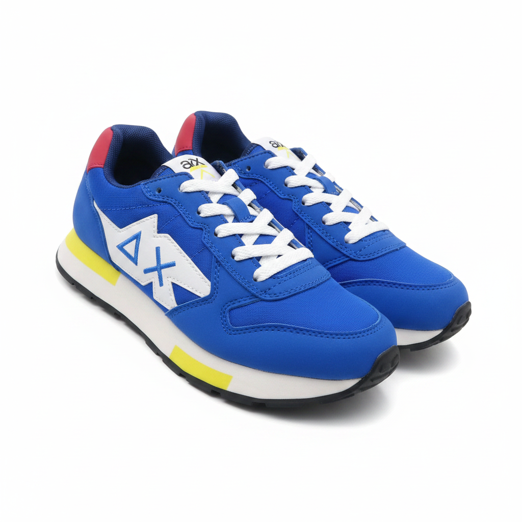 Women's royal blue and white graphic panel lace-up sneaker ghost mannequin pair view