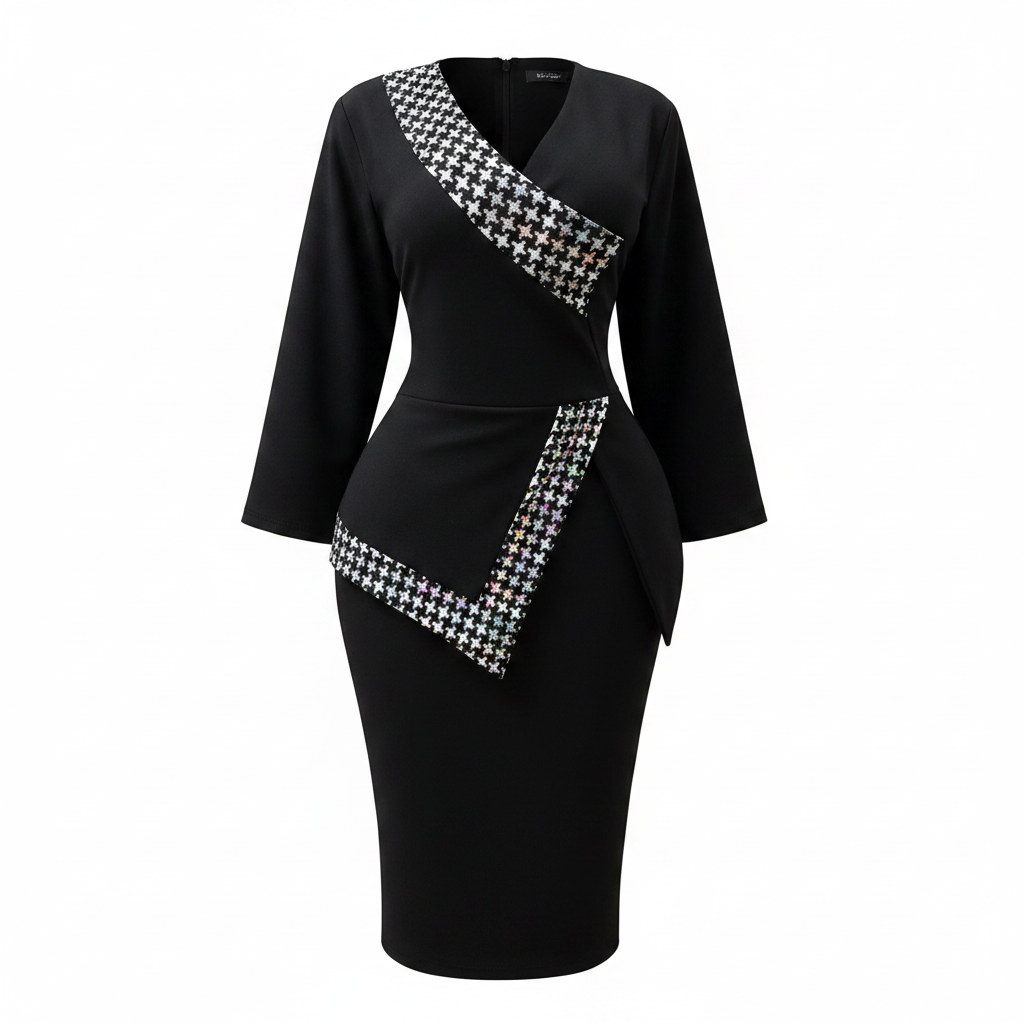 Women's black houndstooth trim wrap bodycon midi dress - ghost mannequin view