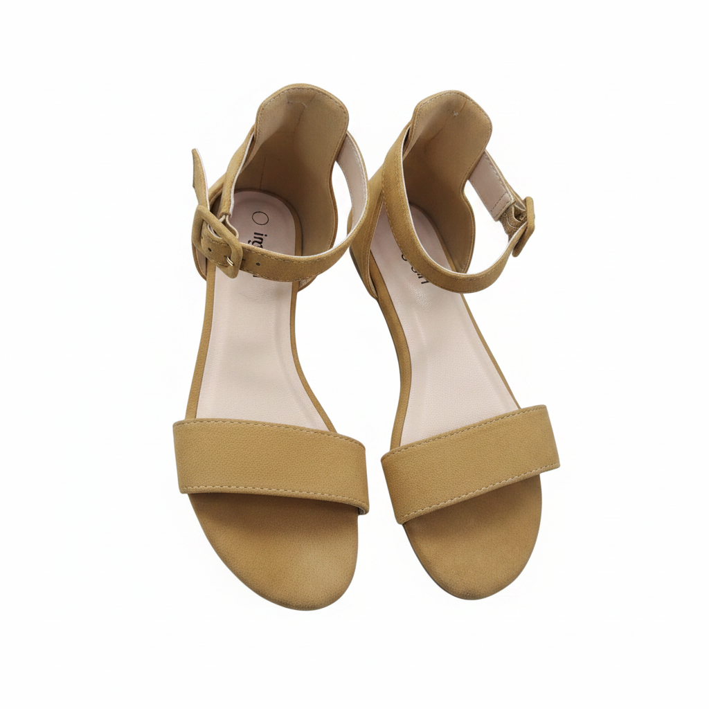 Women's camel suede single-strap ankle buckle flat sandal ghost mannequin pair view