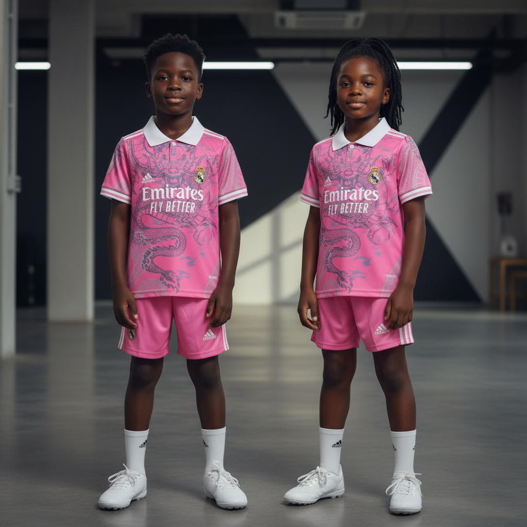 Black Nigerian boy and girl wearing the pink dragon print football jersey and shorts matching the ghost mannequin design