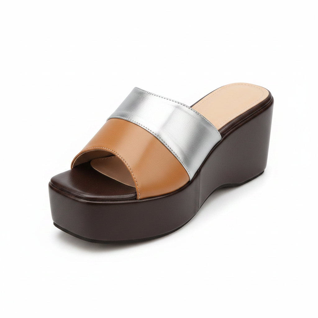 Women's Colour-Block Wedge Mule - Silver Tan Dark Brown Sole