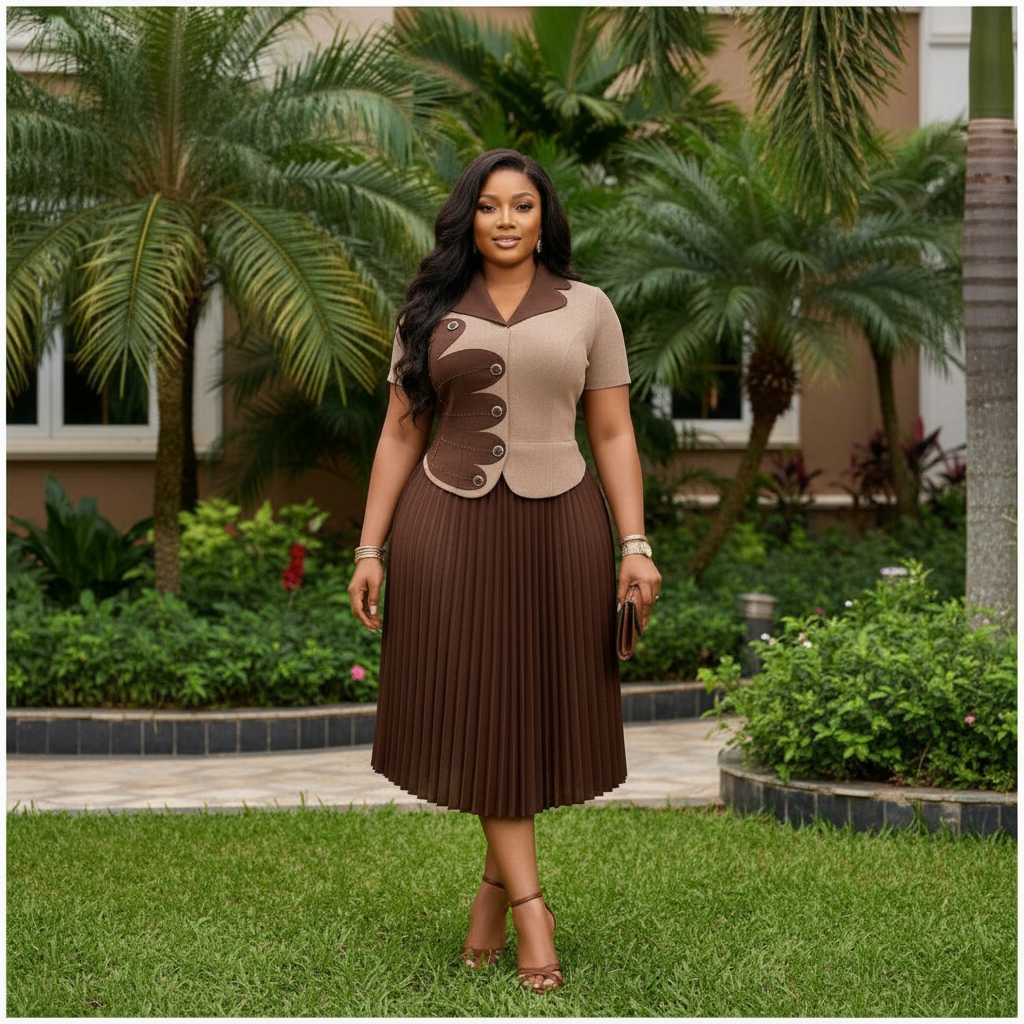 Nigerian female model wearing beige and brown colour-block button trim pleated midi two-piece set
