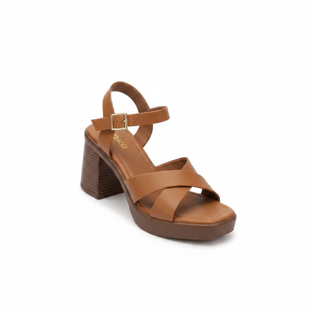 Women's tan brown cross-strap block heel platform sandal — ghost mannequin view