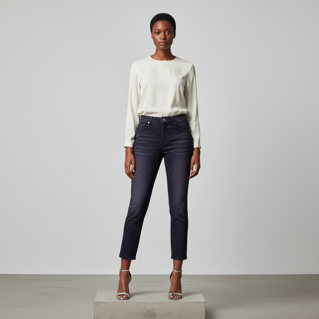 Dark Navy Purple 3/4 Slim-Fit Denim Trousers - Model Front