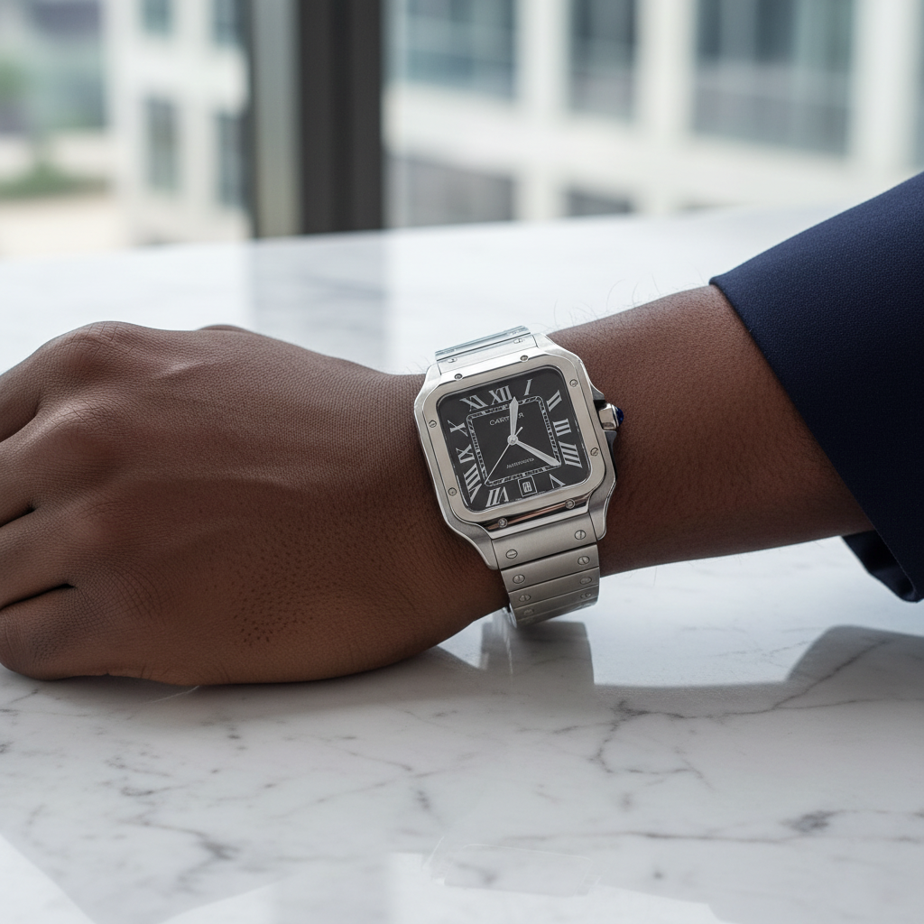 Nigerian man wrist shot wearing Santos black dial stainless steel bracelet watch