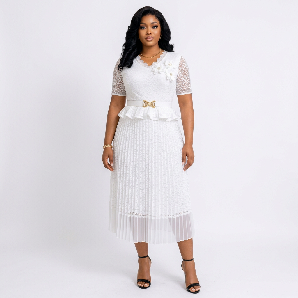Black adult model wearing a white lace-sleeve peplum pleated midi gown