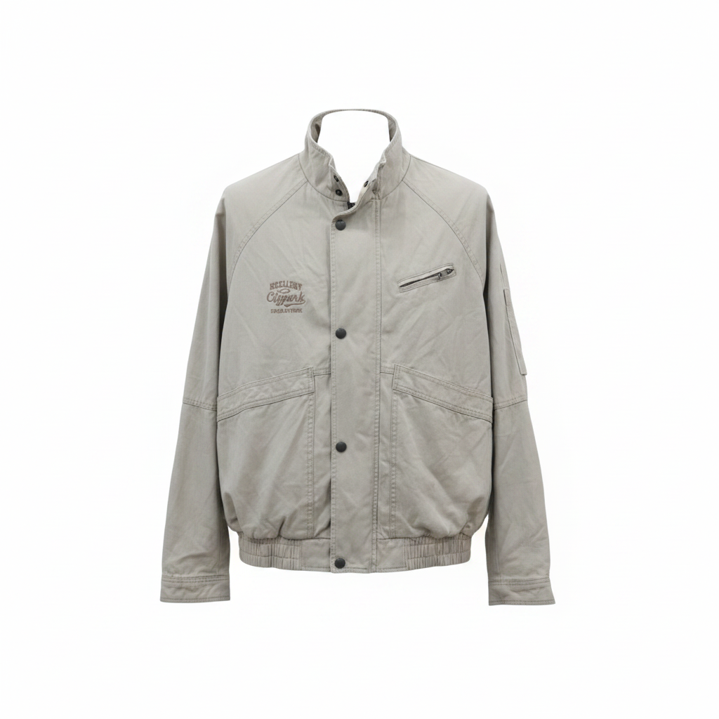 Men's cream vintage embroidered bomber utility jacket ghost mannequin front view