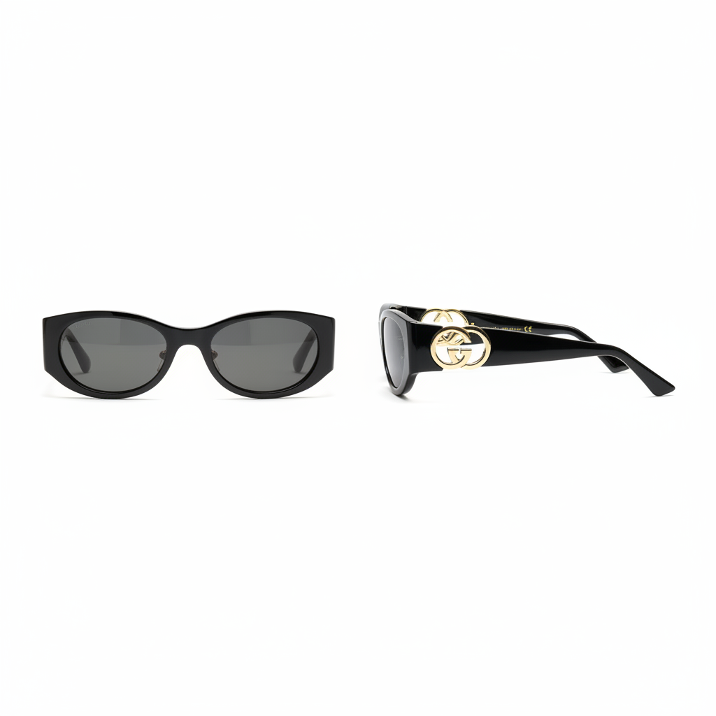 Ghost mannequin view — Slim Rectangular Sunglasses Black Gold, front and side view