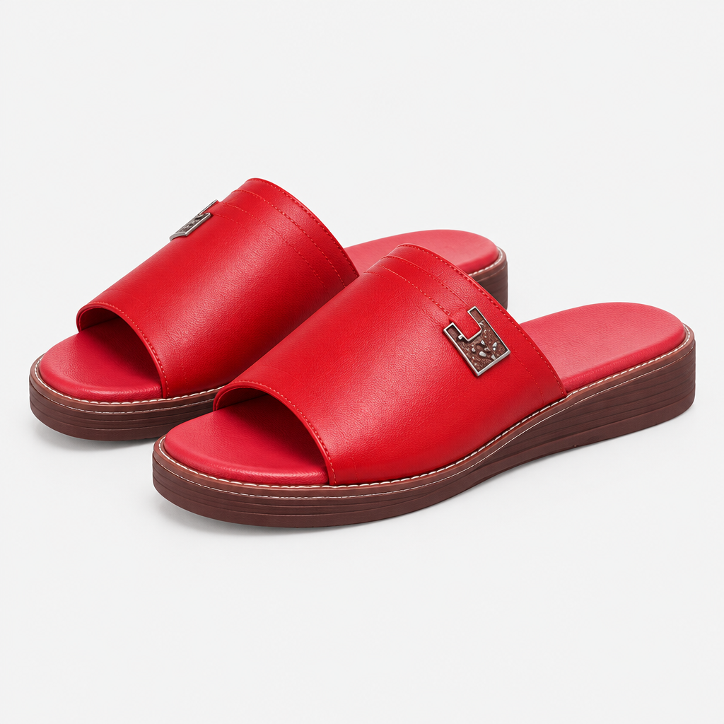 Red wide-strap slide sandal pair on a clean background
