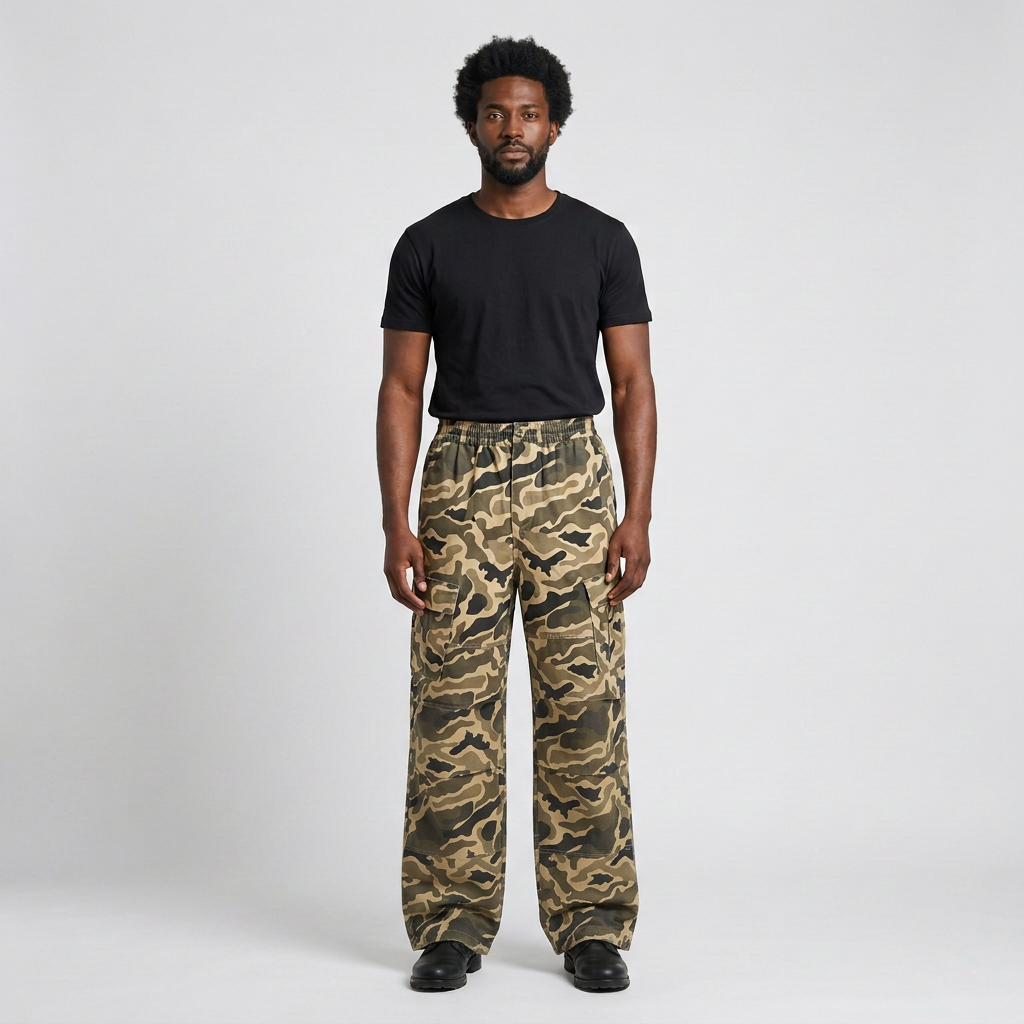 Full-body male model wearing wide-leg camouflage cargo trousers