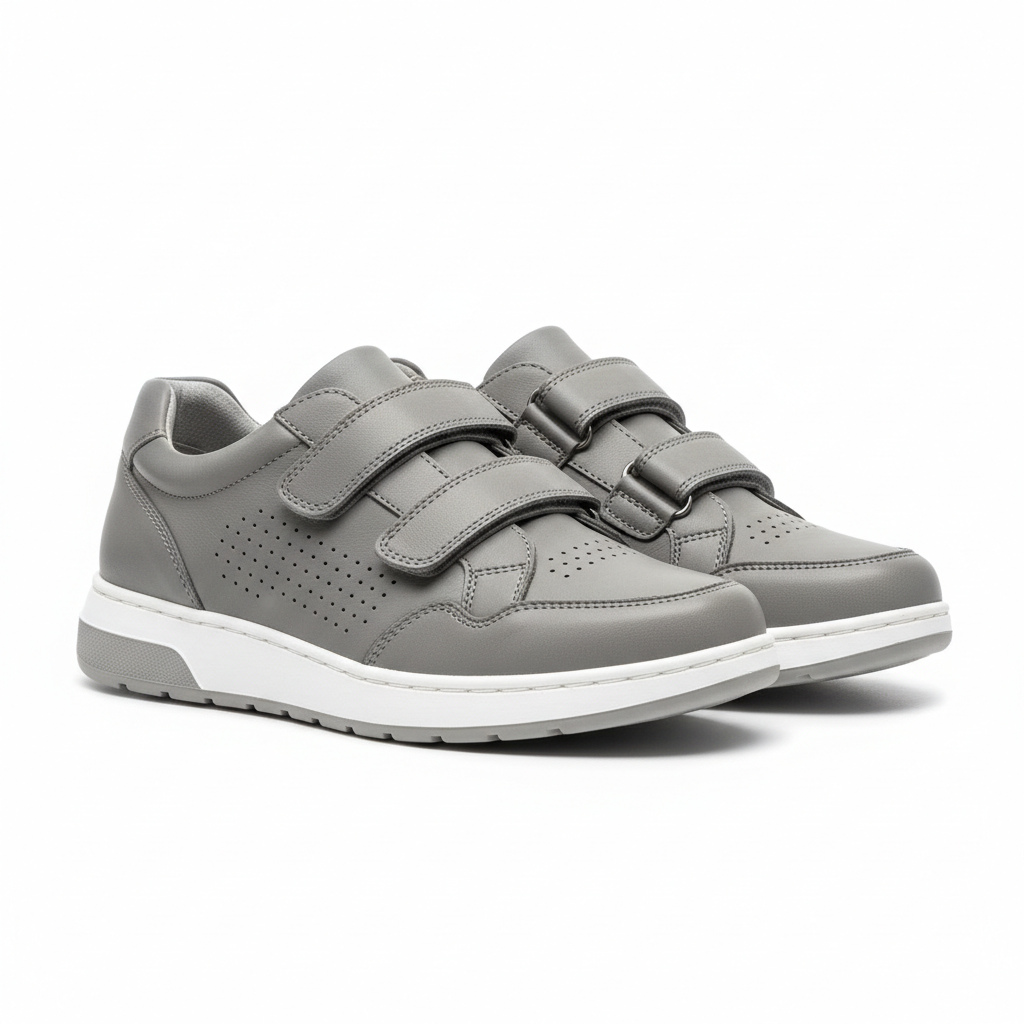 Men's grey leather double velcro-strap walking sneakers pair product shot