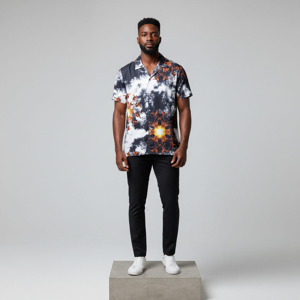 Solar Burst Tie-Dye Print Short-Sleeved Shirt - Model Front