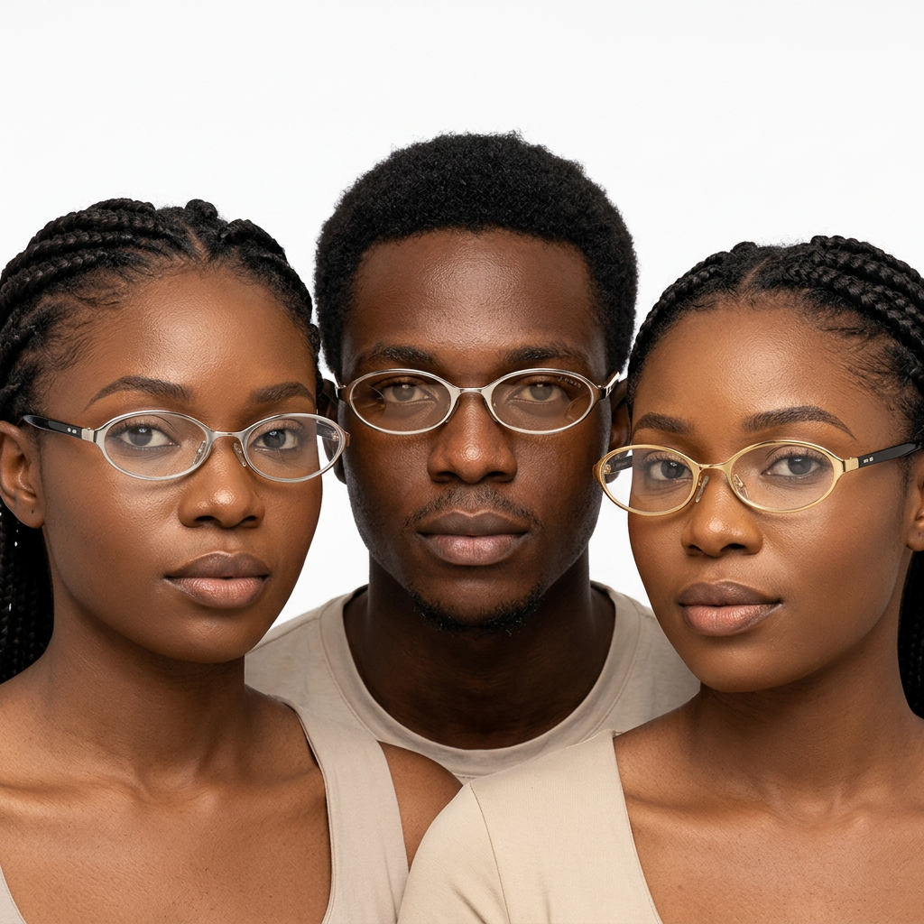 Three Black adult models wearing slim oval glasses in silver-tone and gold-tone finishes