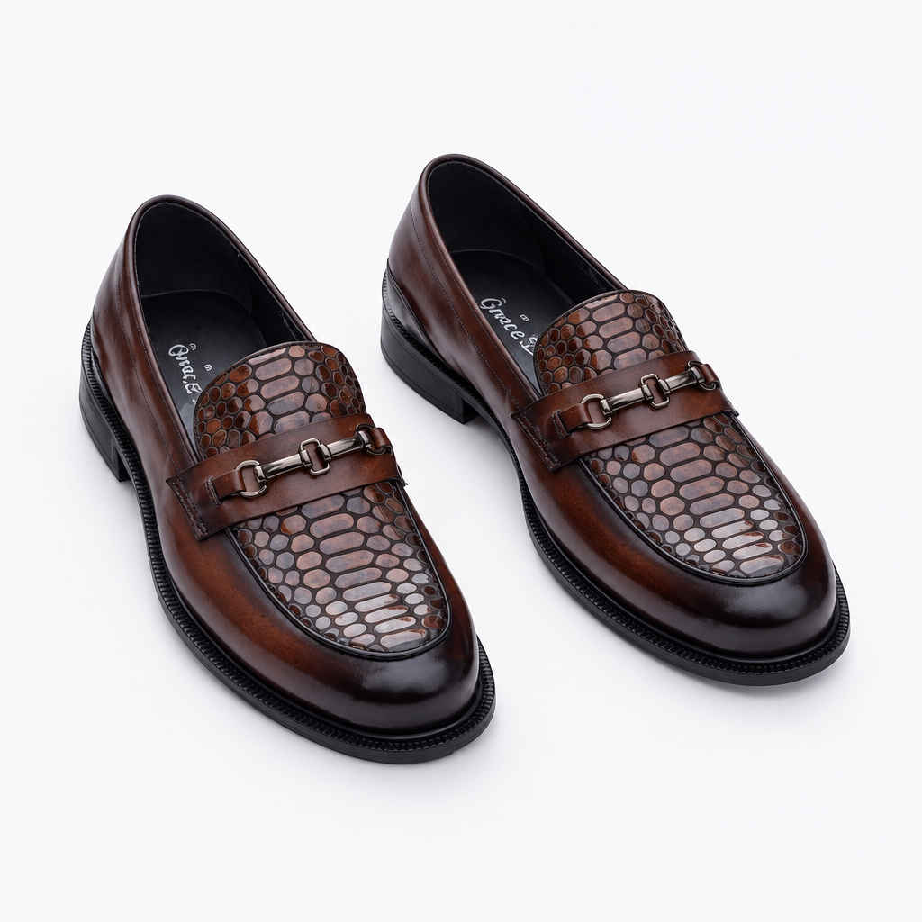 Dark brown men's embossed-texture buckle loafers shown as a complete pair